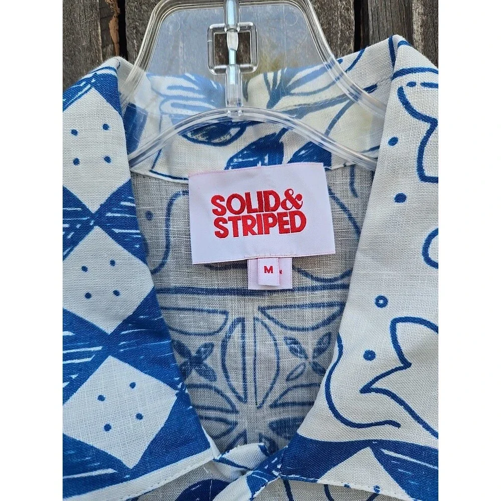 Solid & Striped Linen Shirt Mens Medium Blue White Tile Print Short Sleeve...